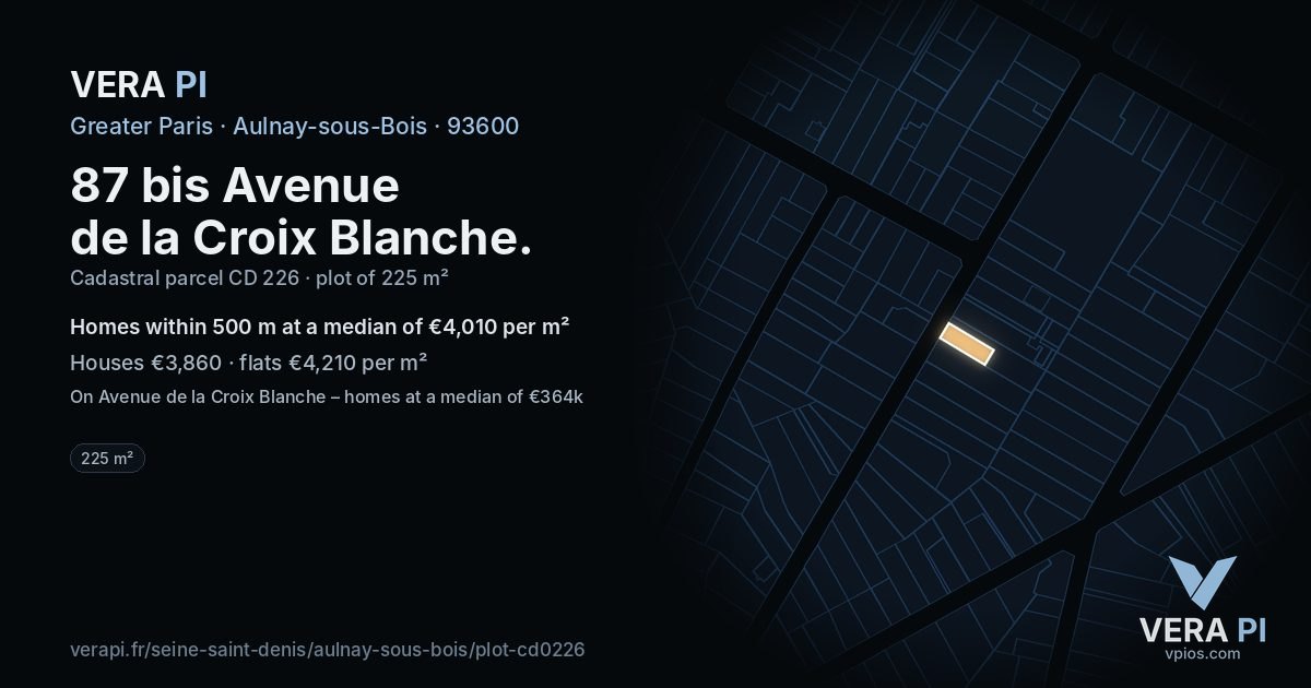 87 bis Avenue de la Croix Blanche, Aulnay-sous-Bois at night – the plot lit, the parcels around coloured by the prices near them