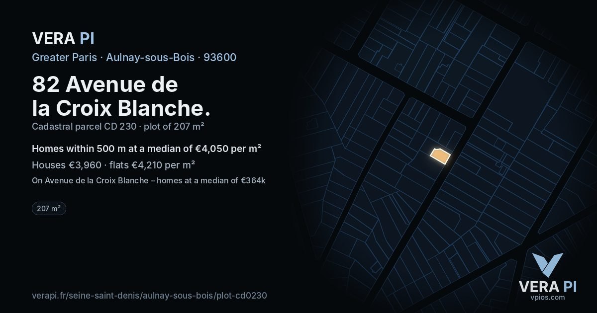 82 Avenue de la Croix Blanche, Aulnay-sous-Bois at night – the plot lit, the parcels around coloured by the prices near them