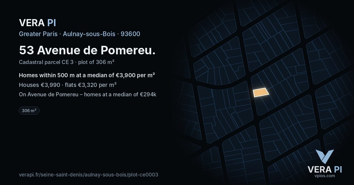 53 Avenue de Pomereu, Aulnay-sous-Bois at night – the plot lit, the parcels around coloured by the prices near them