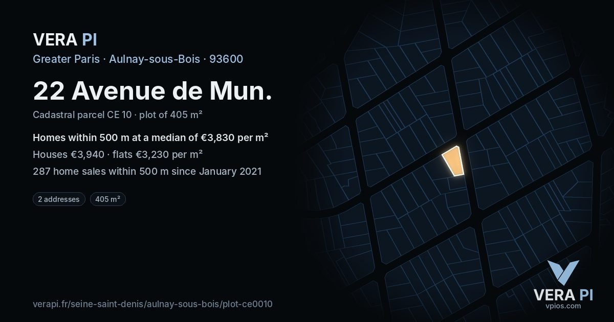 22 Avenue de Mun, Aulnay-sous-Bois at night – the plot lit, the parcels around coloured by the prices near them