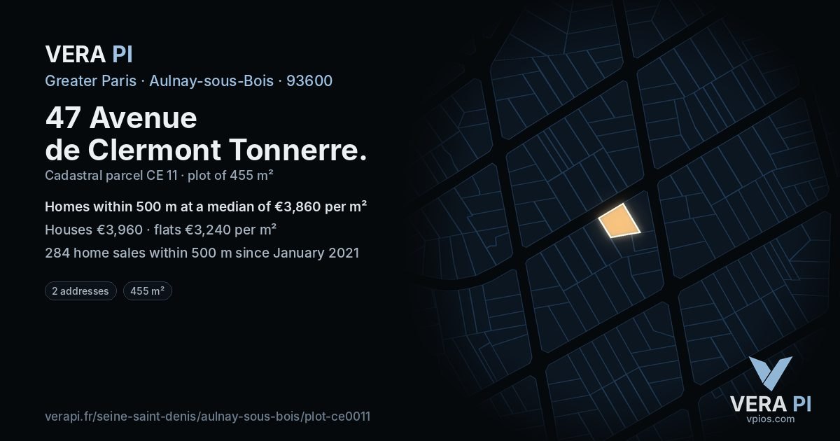 47 Avenue de Clermont Tonnerre, Aulnay-sous-Bois at night – the plot lit, the parcels around coloured by the prices near them