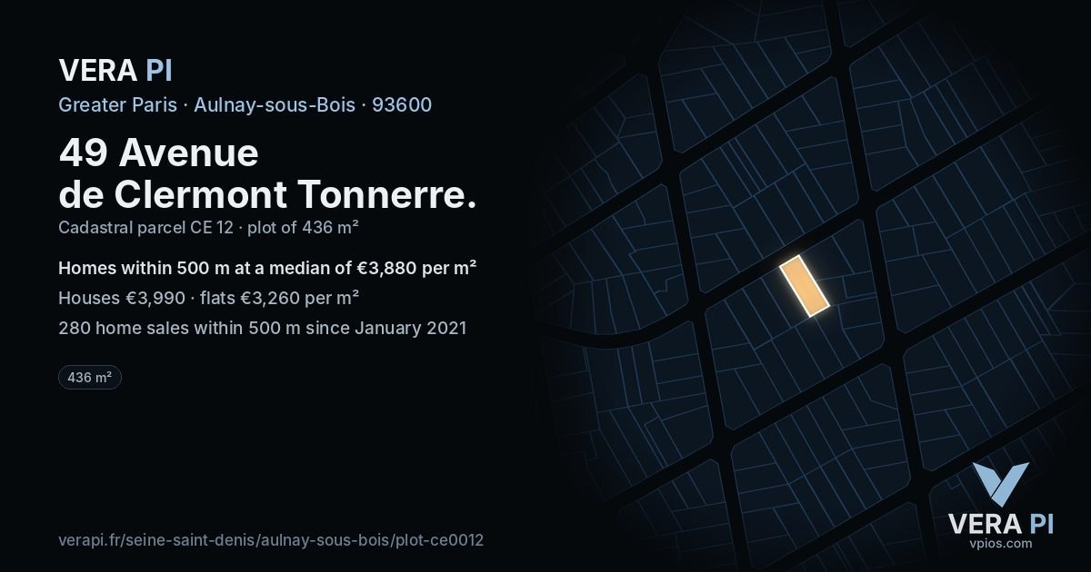 49 Avenue de Clermont Tonnerre, Aulnay-sous-Bois at night – the plot lit, the parcels around coloured by the prices near them