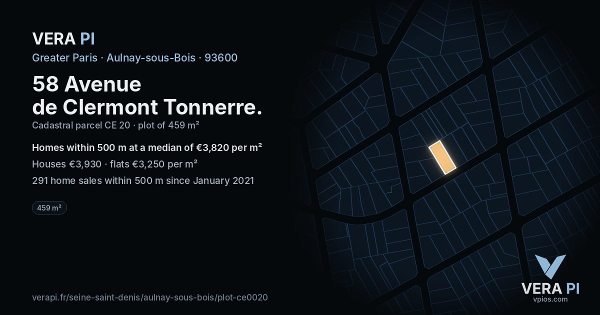 58 Avenue de Clermont Tonnerre, Aulnay-sous-Bois at night – the plot lit, the parcels around coloured by the prices near them