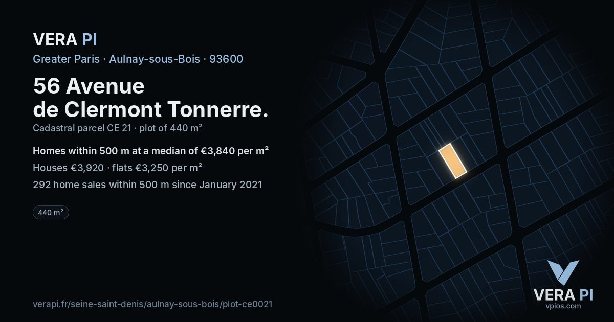56 Avenue de Clermont Tonnerre, Aulnay-sous-Bois at night – the plot lit, the parcels around coloured by the prices near them
