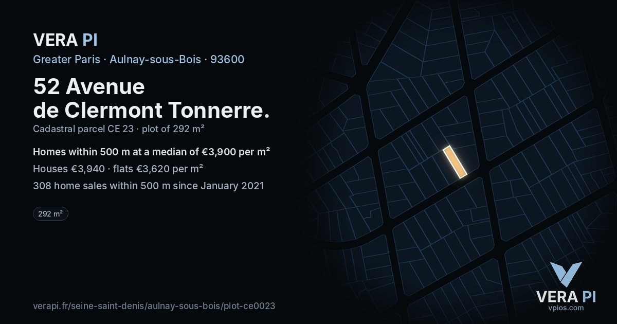 52 Avenue de Clermont Tonnerre, Aulnay-sous-Bois at night – the plot lit, the parcels around coloured by the prices near them