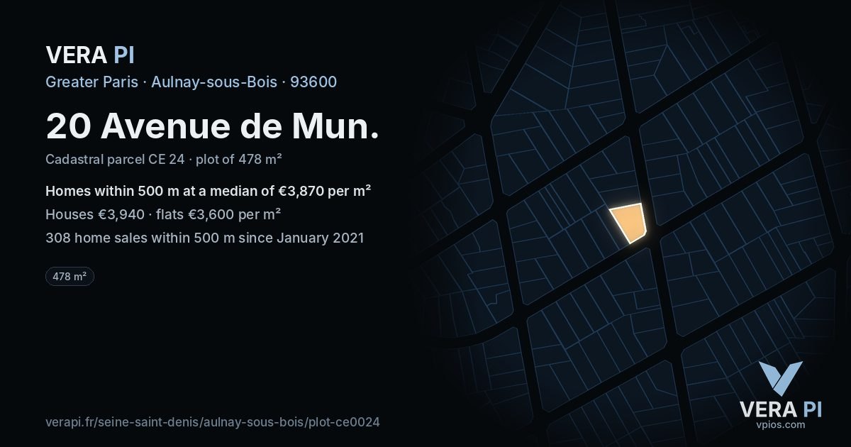 20 Avenue de Mun, Aulnay-sous-Bois at night – the plot lit, the parcels around coloured by the prices near them
