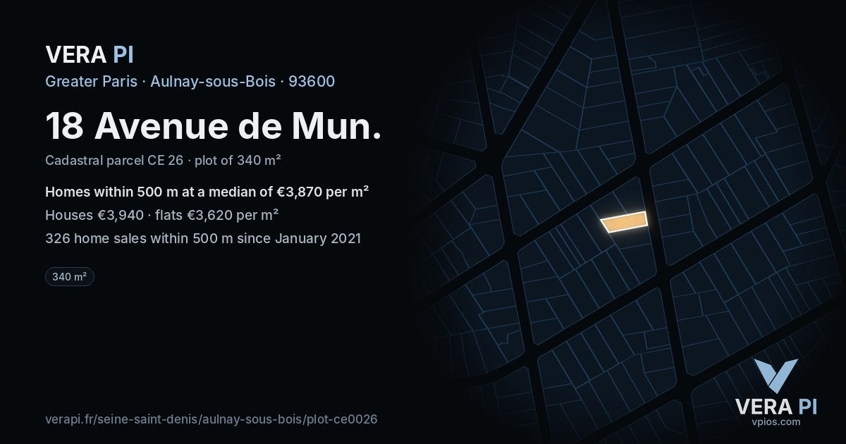 18 Avenue de Mun, Aulnay-sous-Bois at night – the plot lit, the parcels around coloured by the prices near them