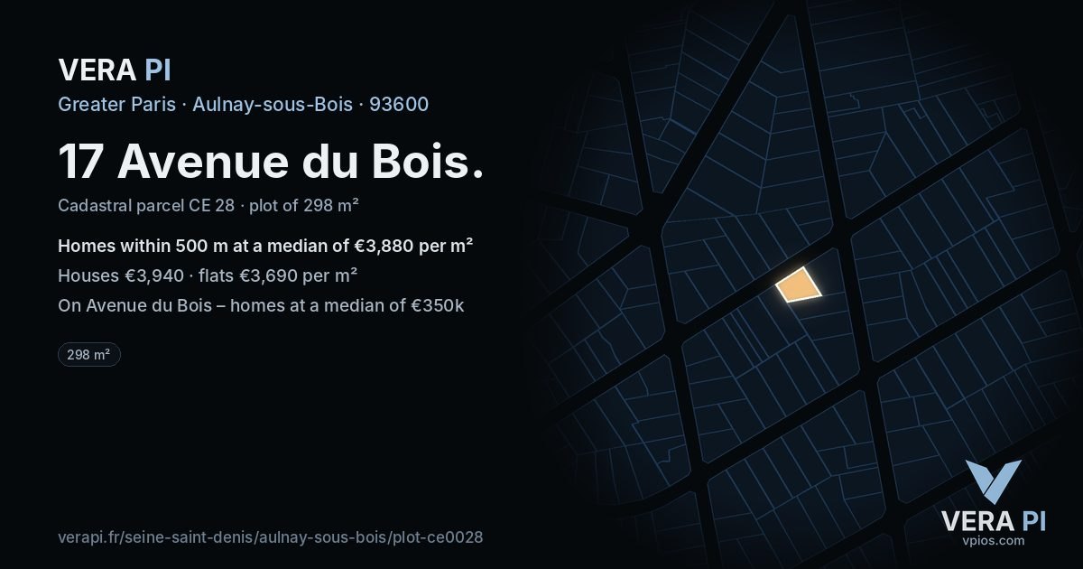 17 Avenue du Bois, Aulnay-sous-Bois at night – the plot lit, the parcels around coloured by the prices near them