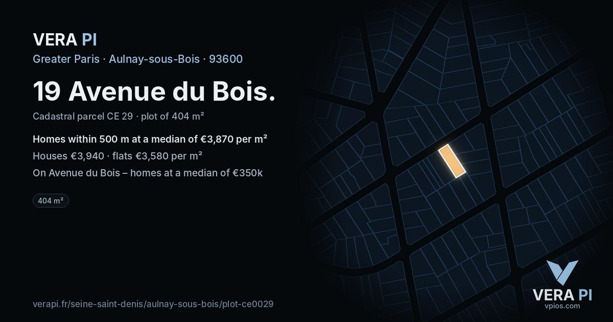 19 Avenue du Bois, Aulnay-sous-Bois at night – the plot lit, the parcels around coloured by the prices near them