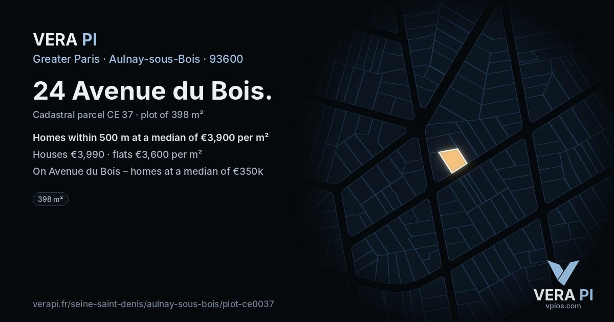 24 Avenue du Bois, Aulnay-sous-Bois at night – the plot lit, the parcels around coloured by the prices near them