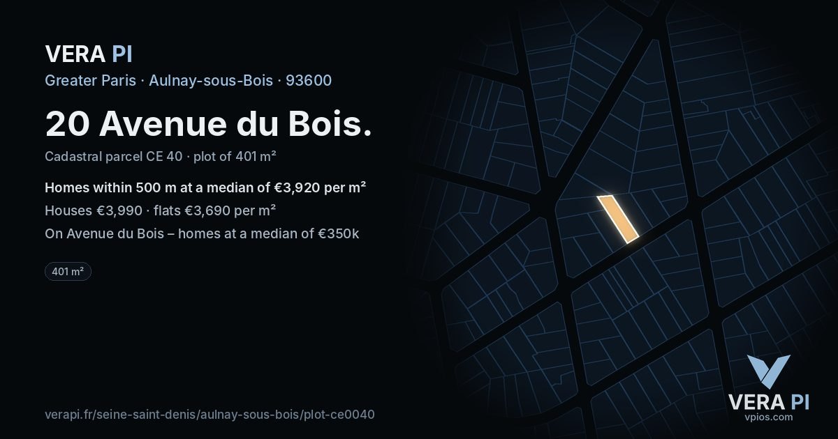 20 Avenue du Bois, Aulnay-sous-Bois at night – the plot lit, the parcels around coloured by the prices near them