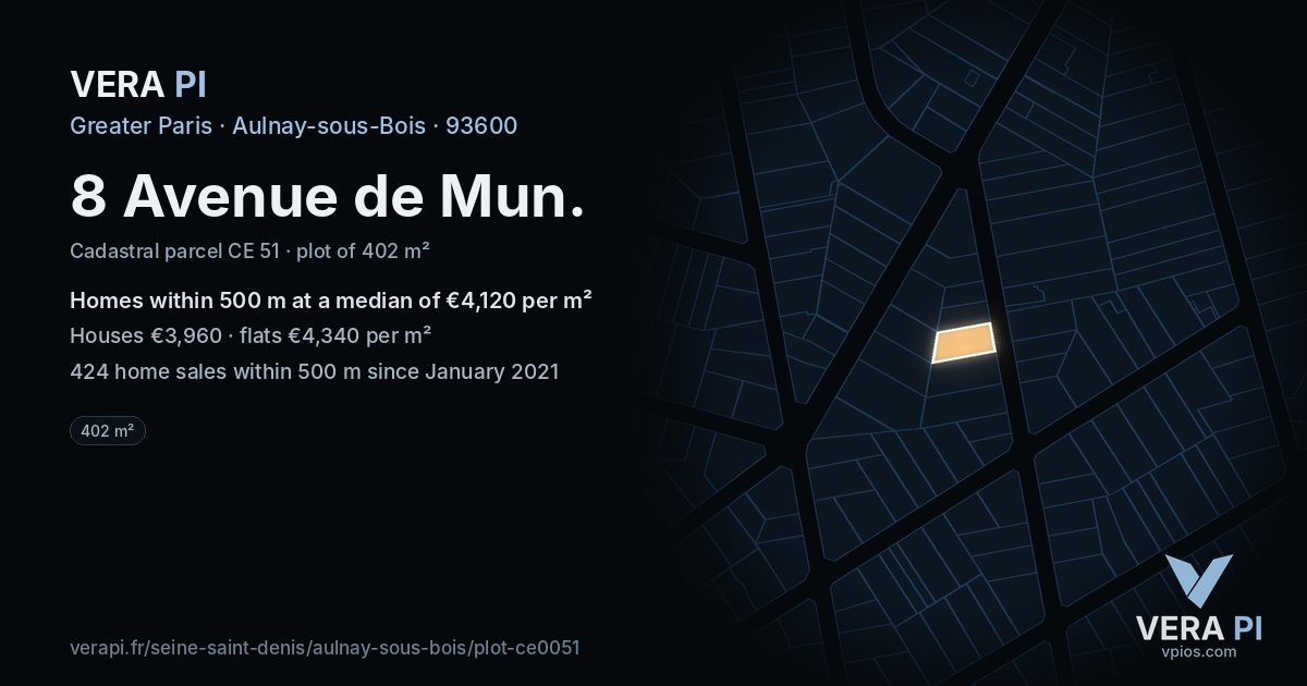 8 Avenue de Mun, Aulnay-sous-Bois at night – the plot lit, the parcels around coloured by the prices near them