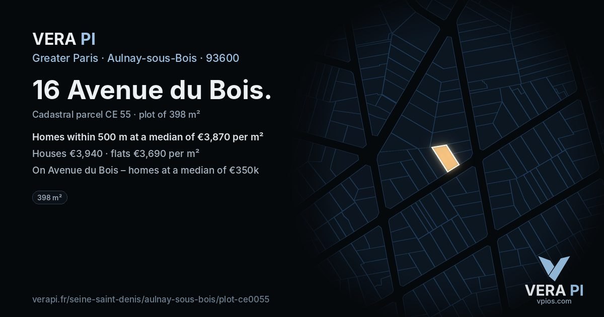 16 Avenue du Bois, Aulnay-sous-Bois at night – the plot lit, the parcels around coloured by the prices near them