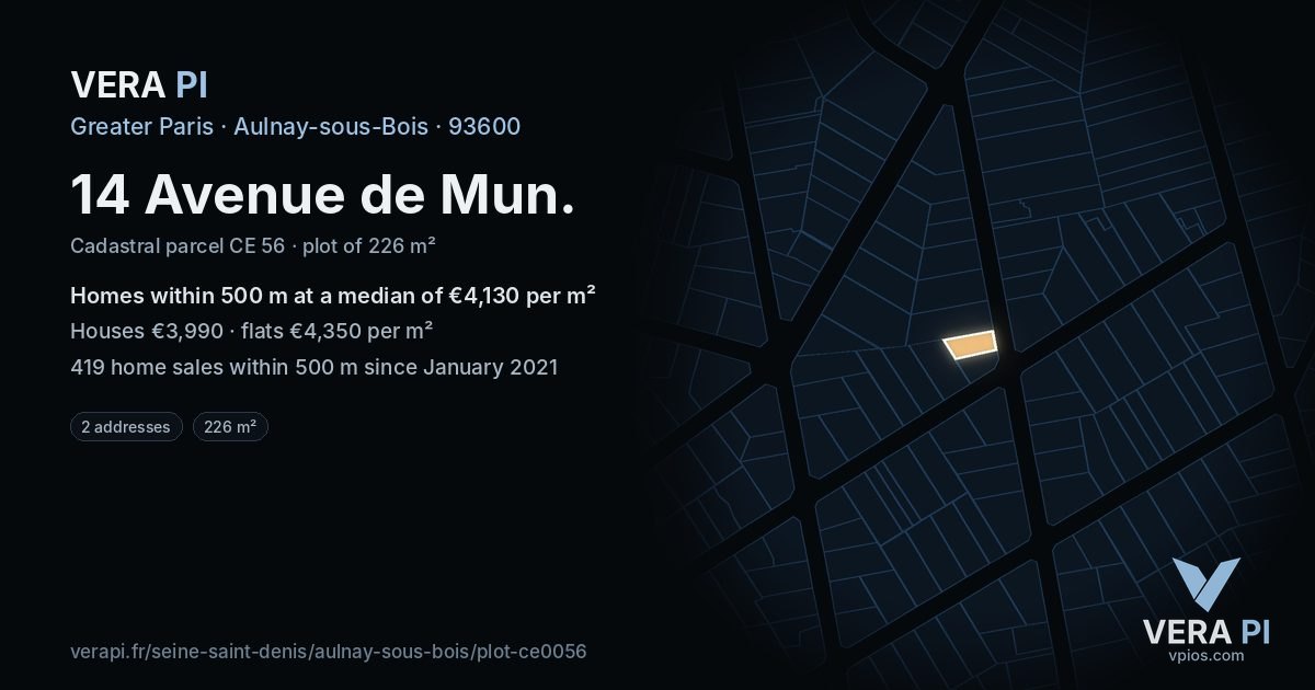 14 Avenue de Mun, Aulnay-sous-Bois at night – the plot lit, the parcels around coloured by the prices near them