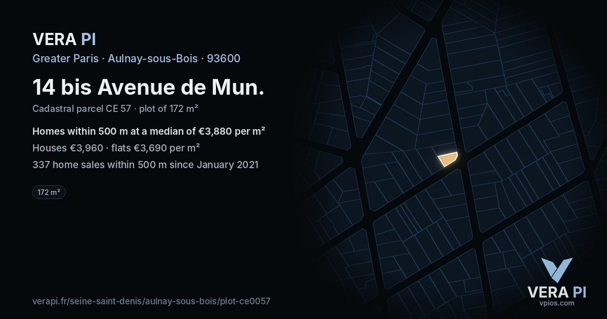 14 bis Avenue de Mun, Aulnay-sous-Bois at night – the plot lit, the parcels around coloured by the prices near them