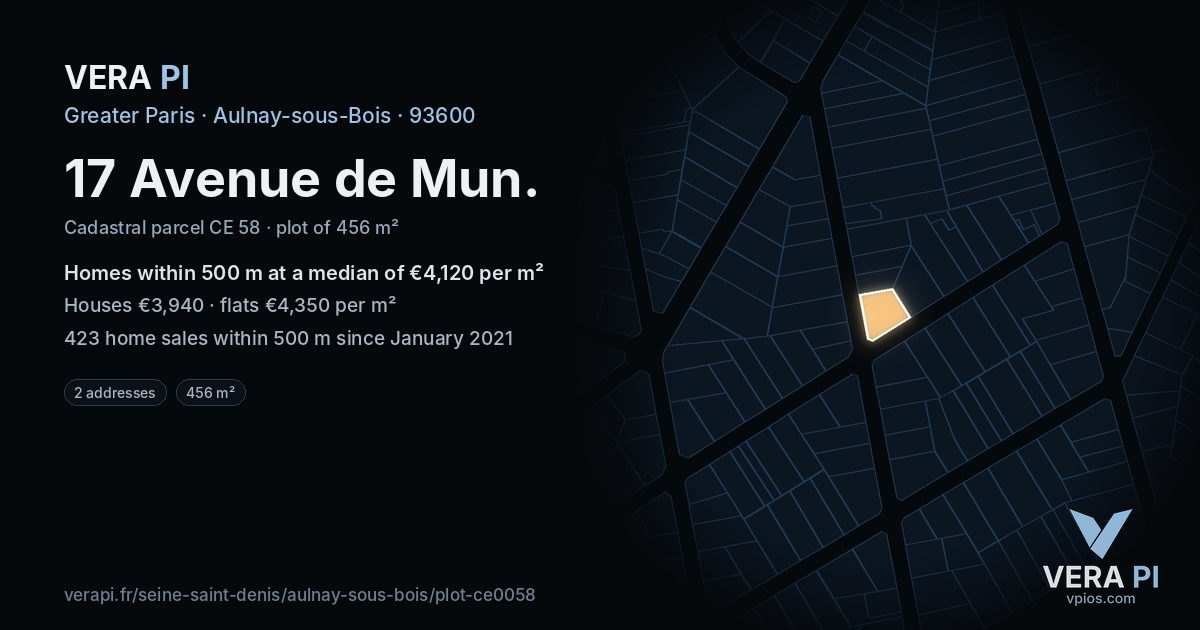 17 Avenue de Mun, Aulnay-sous-Bois at night – the plot lit, the parcels around coloured by the prices near them