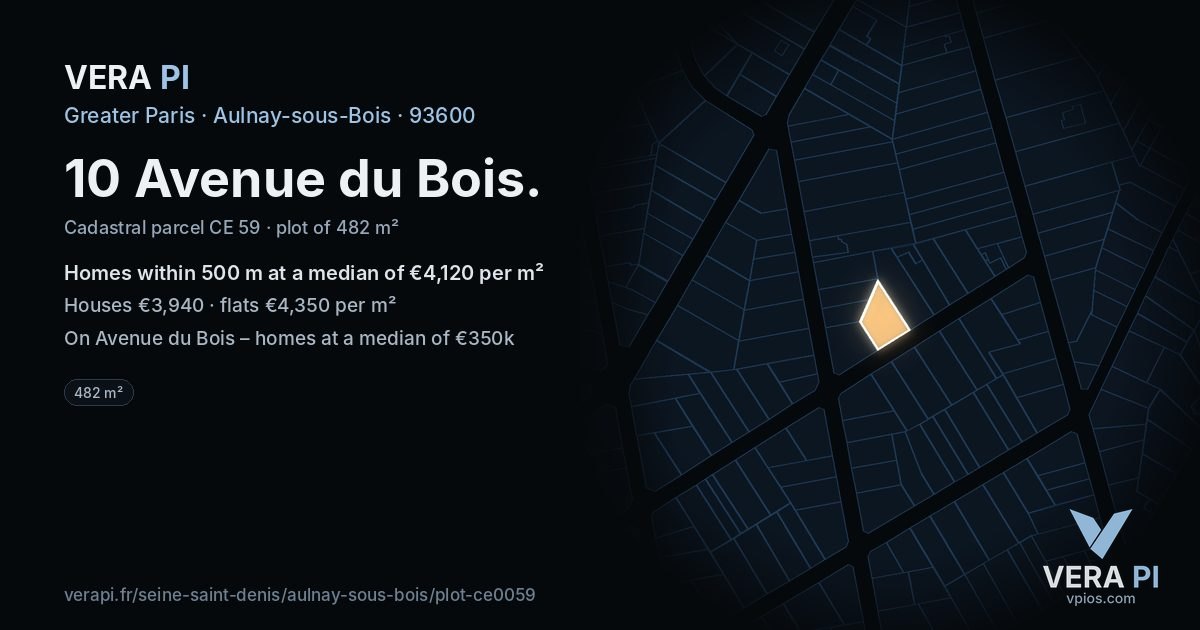 10 Avenue du Bois, Aulnay-sous-Bois at night – the plot lit, the parcels around coloured by the prices near them