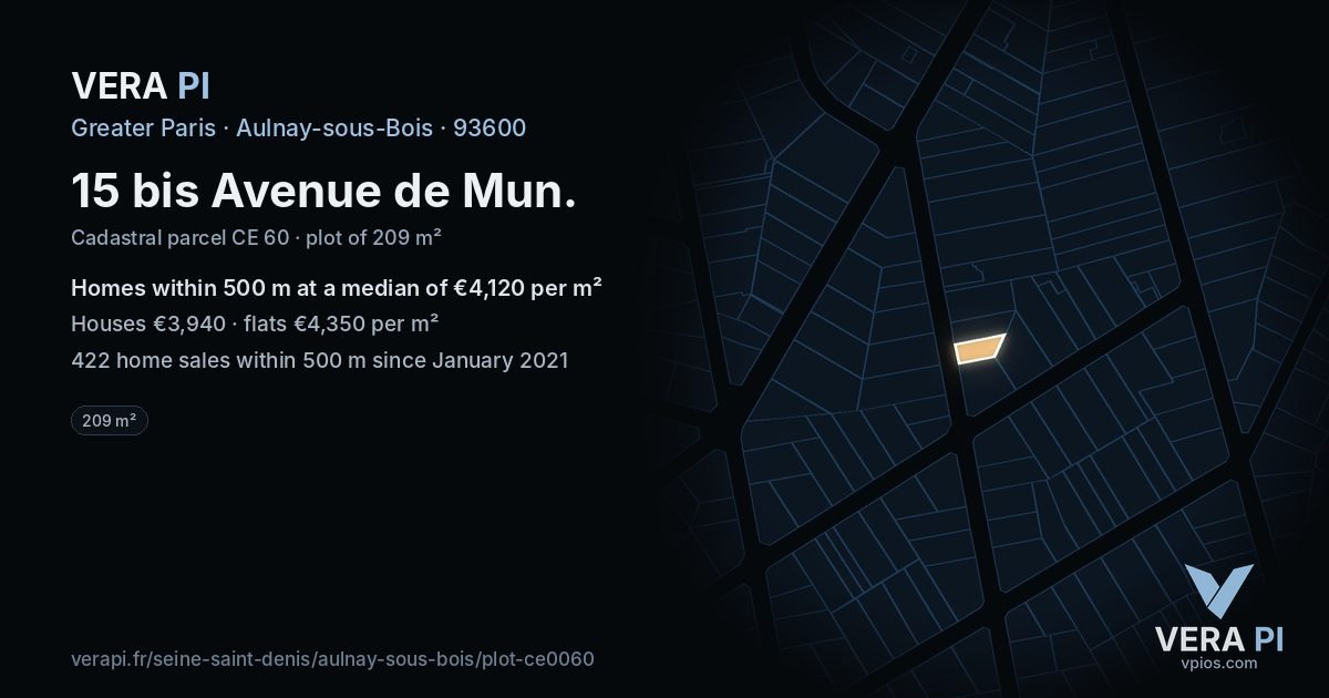 15 bis Avenue de Mun, Aulnay-sous-Bois at night – the plot lit, the parcels around coloured by the prices near them