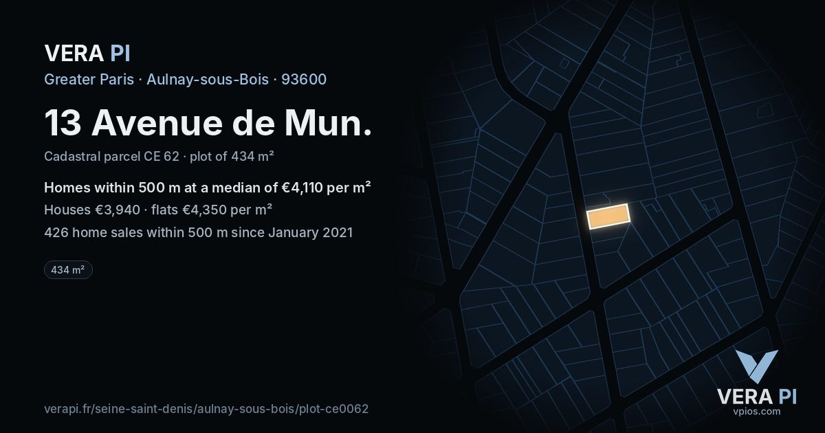13 Avenue de Mun, Aulnay-sous-Bois at night – the plot lit, the parcels around coloured by the prices near them