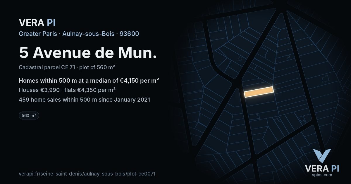 5 Avenue de Mun, Aulnay-sous-Bois at night – the plot lit, the parcels around coloured by the prices near them