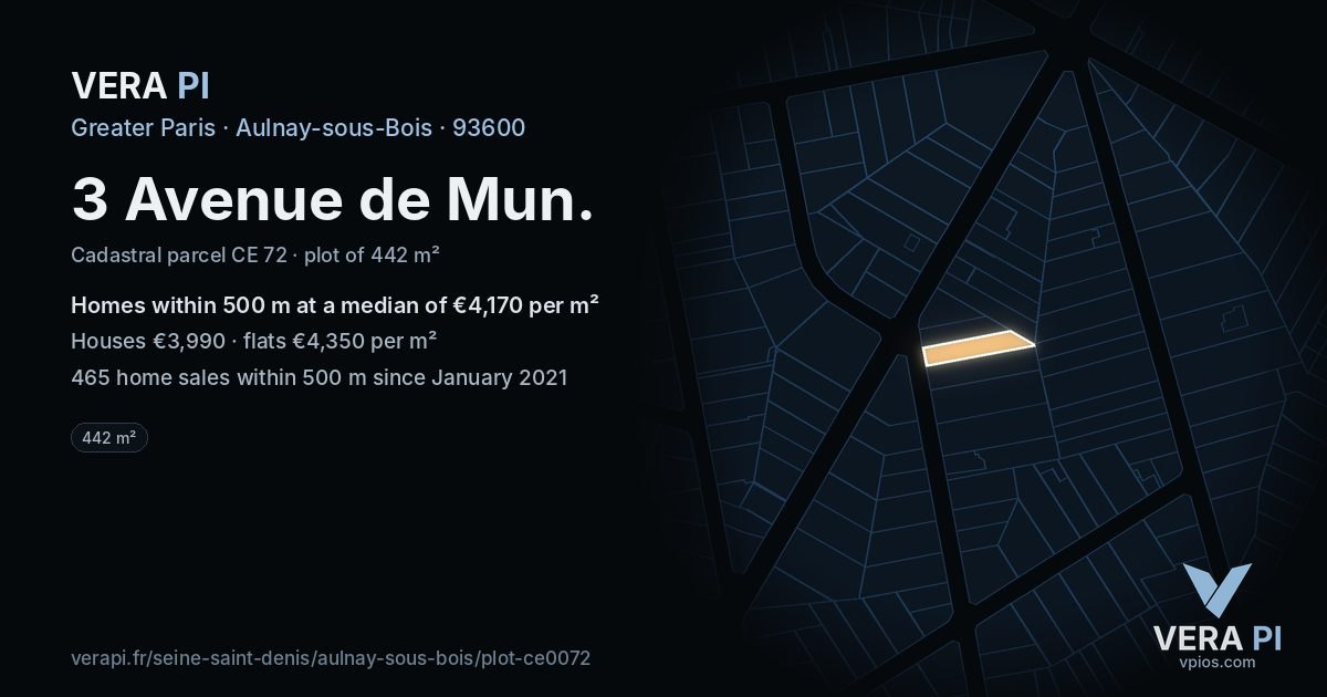 3 Avenue de Mun, Aulnay-sous-Bois at night – the plot lit, the parcels around coloured by the prices near them