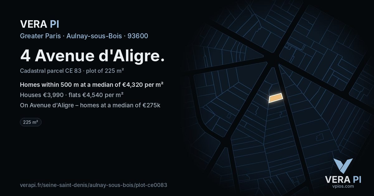 4 Avenue d'Aligre, Aulnay-sous-Bois at night – the plot lit, the parcels around coloured by the prices near them