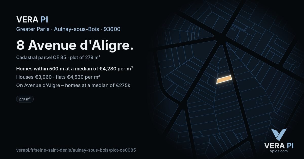 8 Avenue d'Aligre, Aulnay-sous-Bois at night – the plot lit, the parcels around coloured by the prices near them