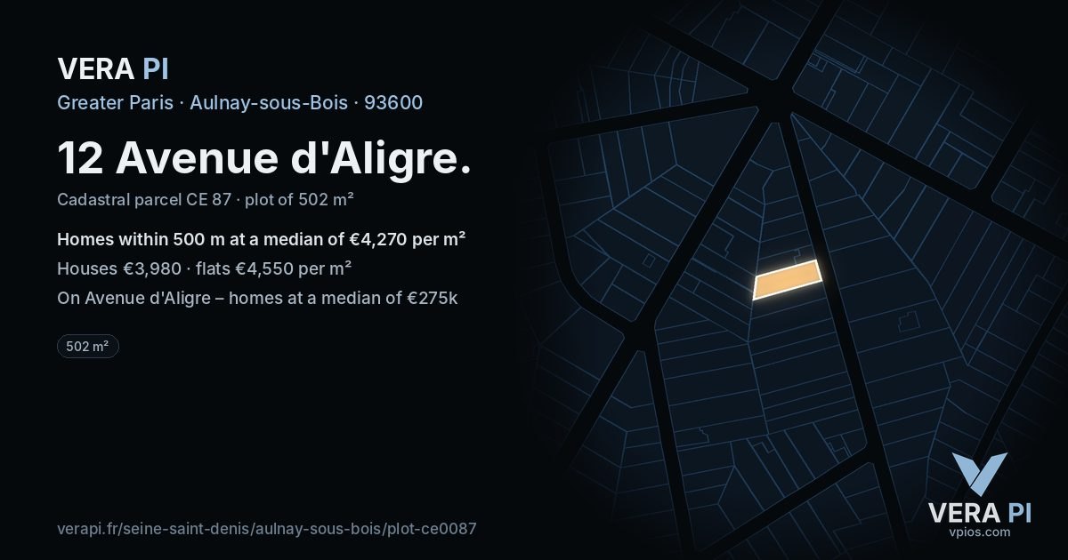 12 Avenue d'Aligre, Aulnay-sous-Bois at night – the plot lit, the parcels around coloured by the prices near them