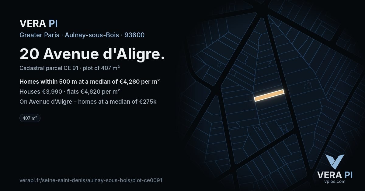 20 Avenue d'Aligre, Aulnay-sous-Bois at night – the plot lit, the parcels around coloured by the prices near them