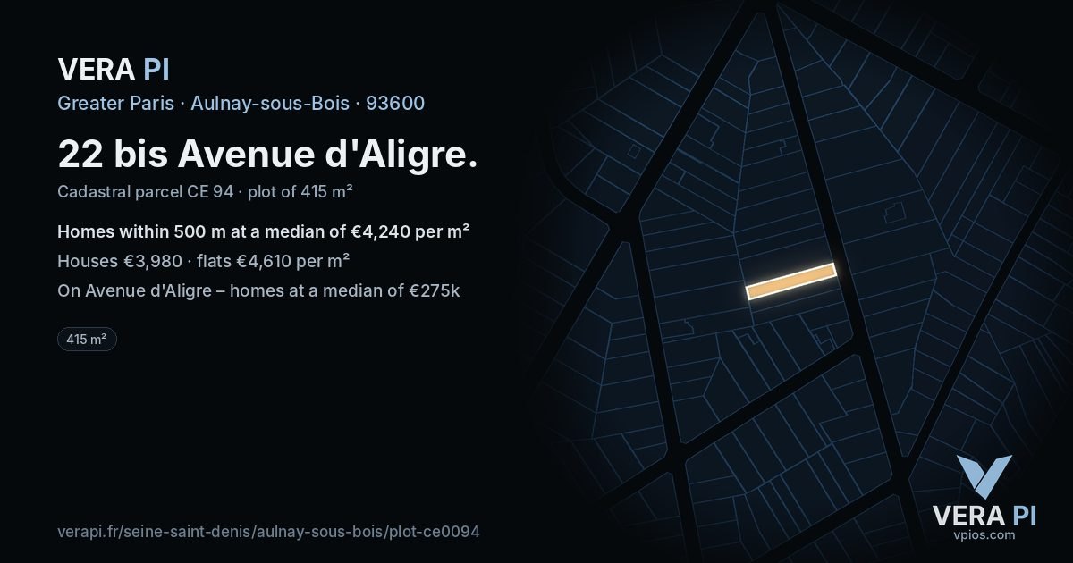 22 bis Avenue d'Aligre, Aulnay-sous-Bois at night – the plot lit, the parcels around coloured by the prices near them