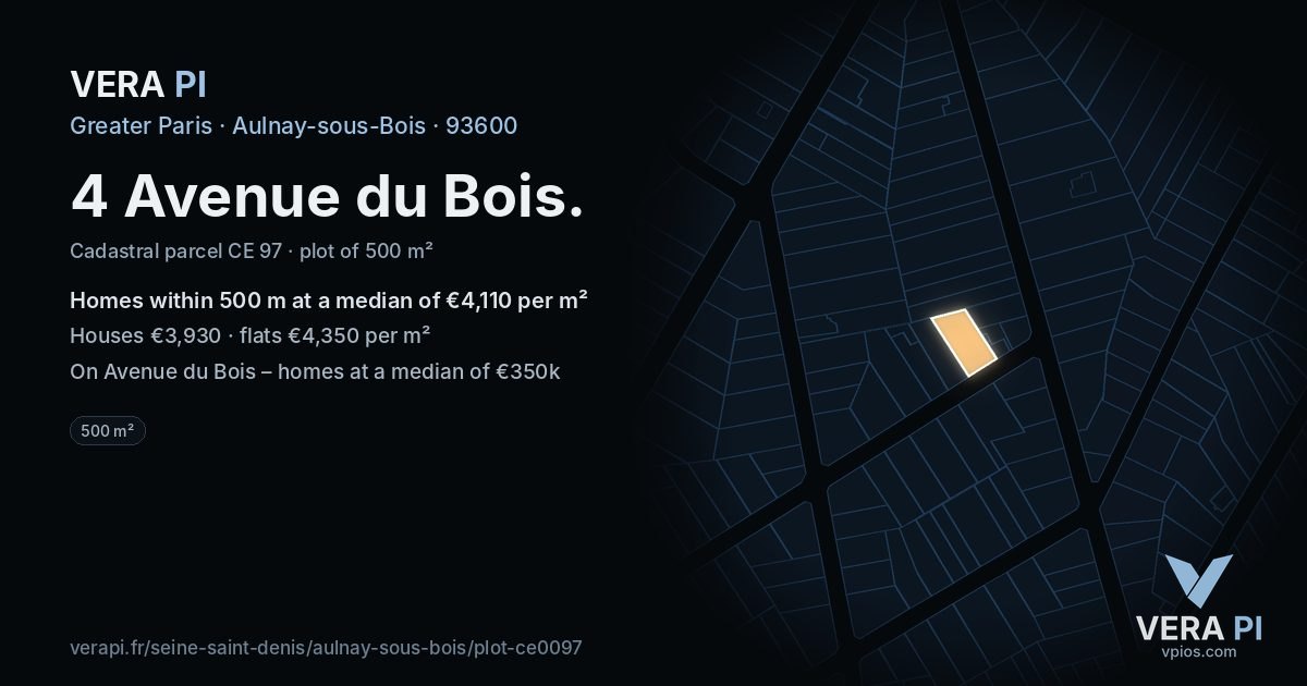 4 Avenue du Bois, Aulnay-sous-Bois at night – the plot lit, the parcels around coloured by the prices near them