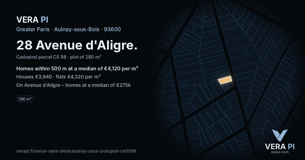 28 Avenue d'Aligre, Aulnay-sous-Bois at night – the plot lit, the parcels around coloured by the prices near them