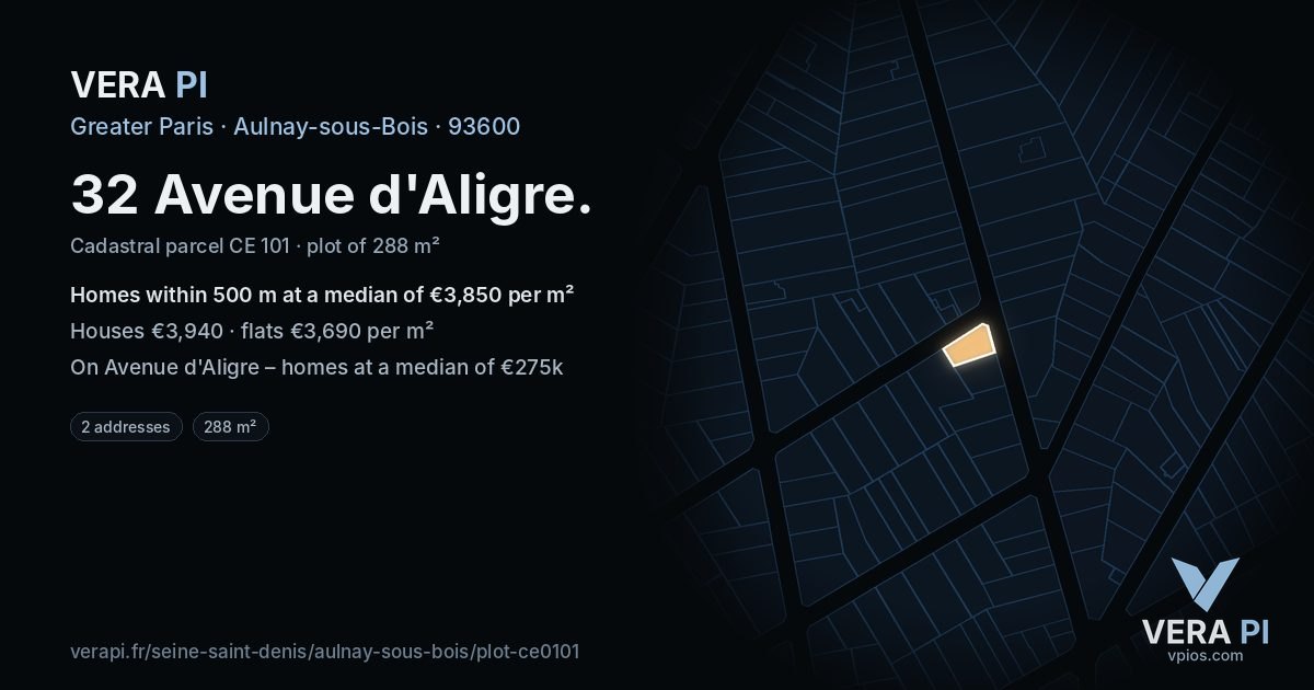 32 Avenue d'Aligre, Aulnay-sous-Bois at night – the plot lit, the parcels around coloured by the prices near them