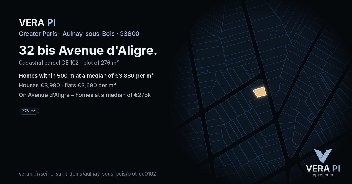 32 bis Avenue d'Aligre, Aulnay-sous-Bois at night – the plot lit, the parcels around coloured by the prices near them