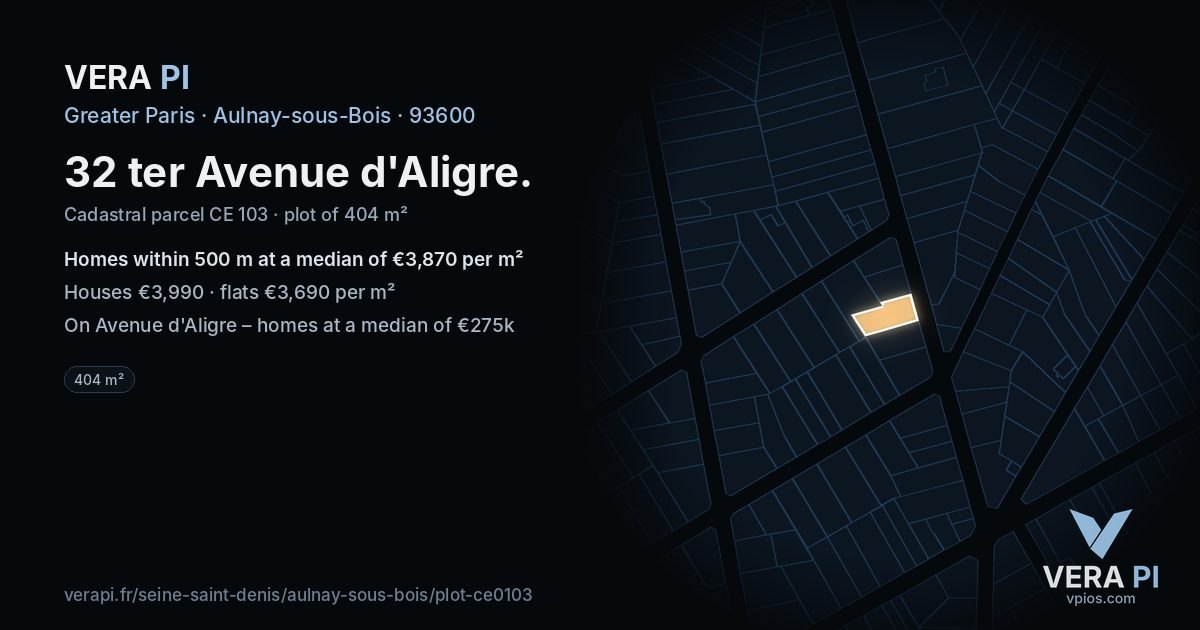 32 ter Avenue d'Aligre, Aulnay-sous-Bois at night – the plot lit, the parcels around coloured by the prices near them
