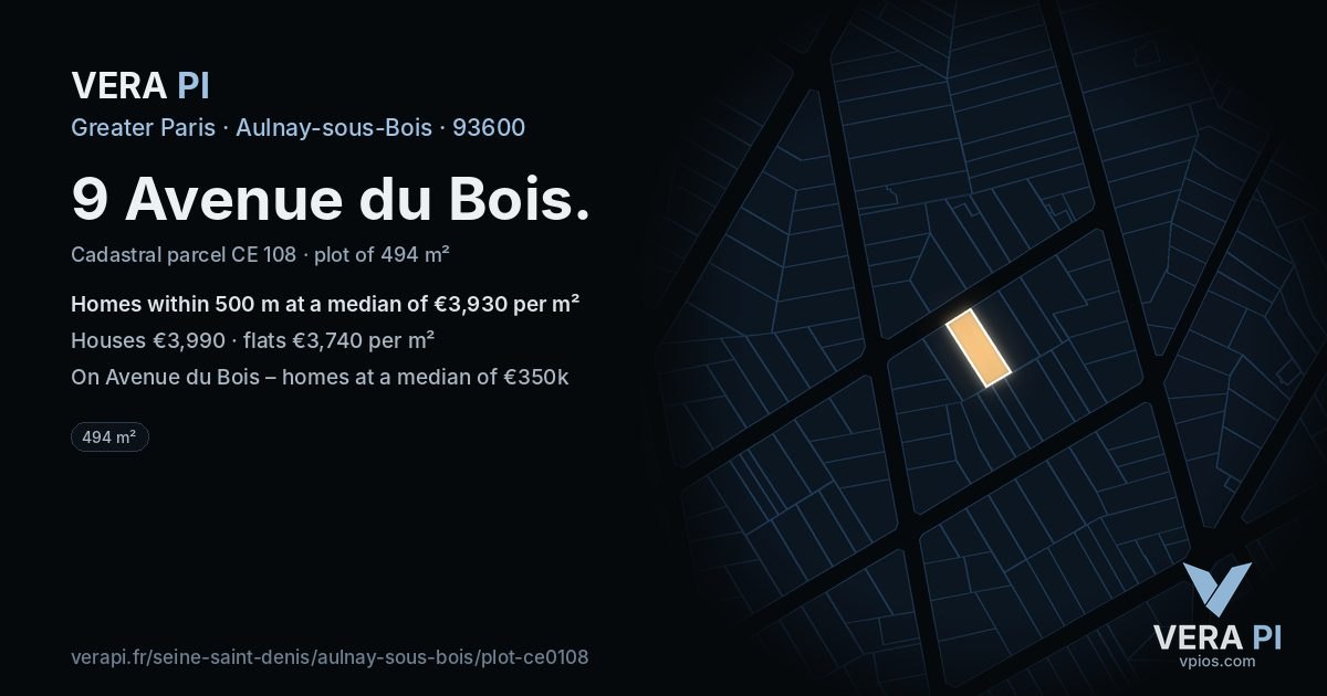 9 Avenue du Bois, Aulnay-sous-Bois at night – the plot lit, the parcels around coloured by the prices near them