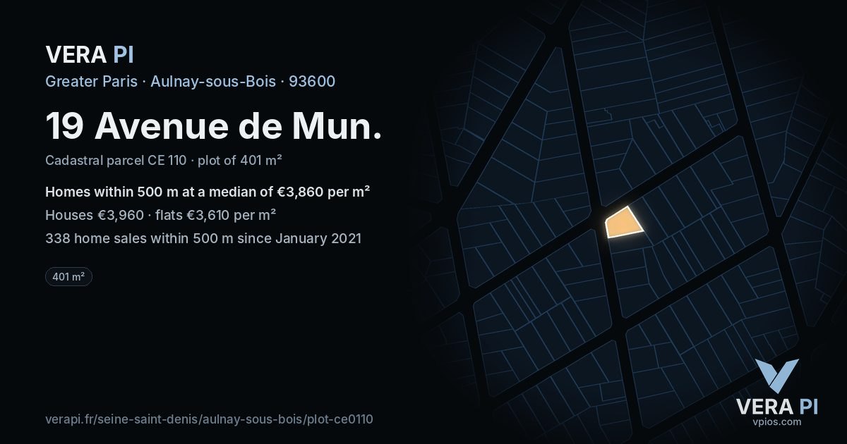 19 Avenue de Mun, Aulnay-sous-Bois at night – the plot lit, the parcels around coloured by the prices near them