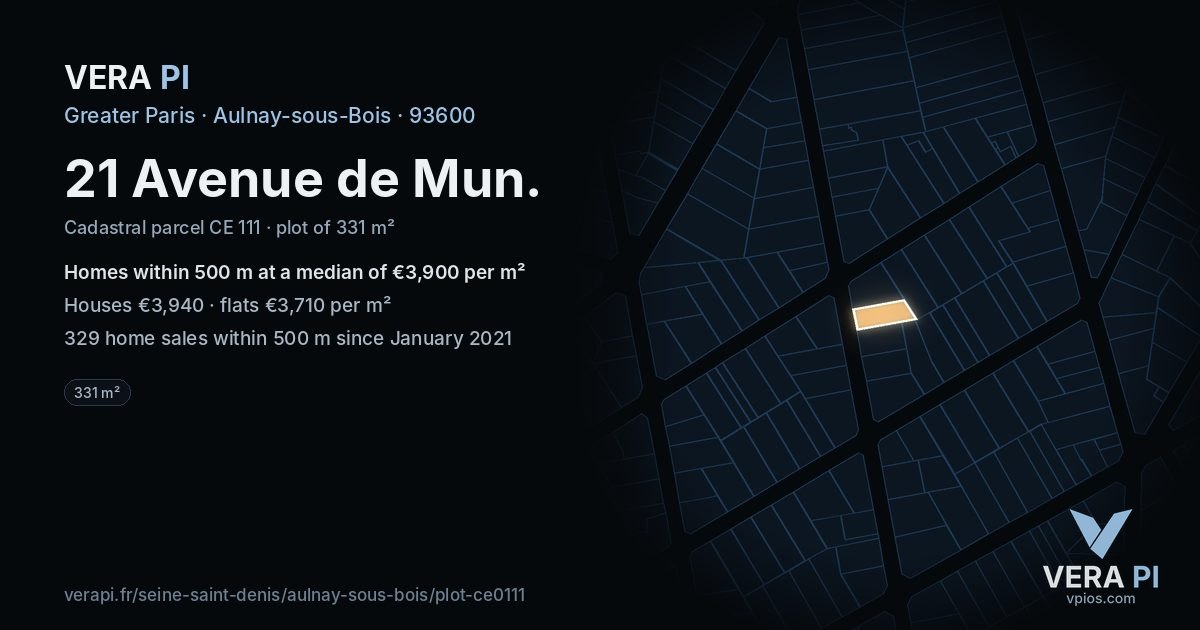 21 Avenue de Mun, Aulnay-sous-Bois at night – the plot lit, the parcels around coloured by the prices near them