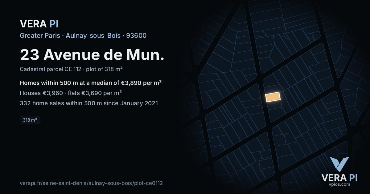 23 Avenue de Mun, Aulnay-sous-Bois at night – the plot lit, the parcels around coloured by the prices near them