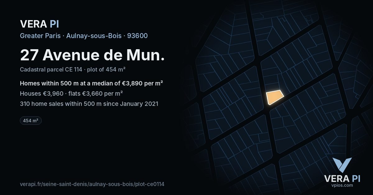 27 Avenue de Mun, Aulnay-sous-Bois at night – the plot lit, the parcels around coloured by the prices near them