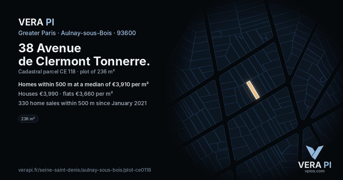 38 Avenue de Clermont Tonnerre, Aulnay-sous-Bois at night – the plot lit, the parcels around coloured by the prices near them