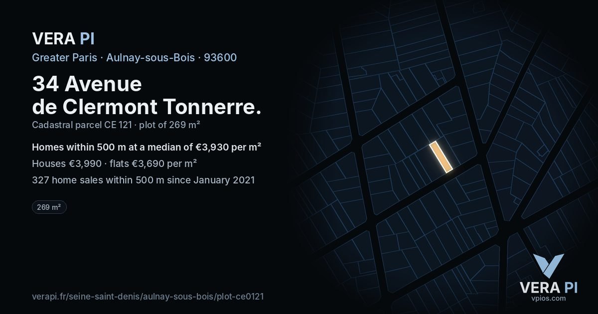 34 Avenue de Clermont Tonnerre, Aulnay-sous-Bois at night – the plot lit, the parcels around coloured by the prices near them