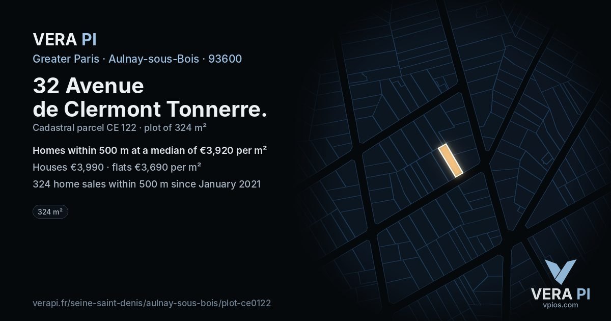 32 Avenue de Clermont Tonnerre, Aulnay-sous-Bois at night – the plot lit, the parcels around coloured by the prices near them