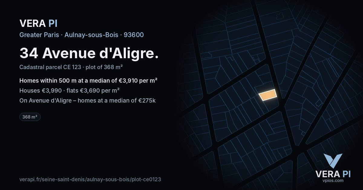 34 Avenue d'Aligre, Aulnay-sous-Bois at night – the plot lit, the parcels around coloured by the prices near them