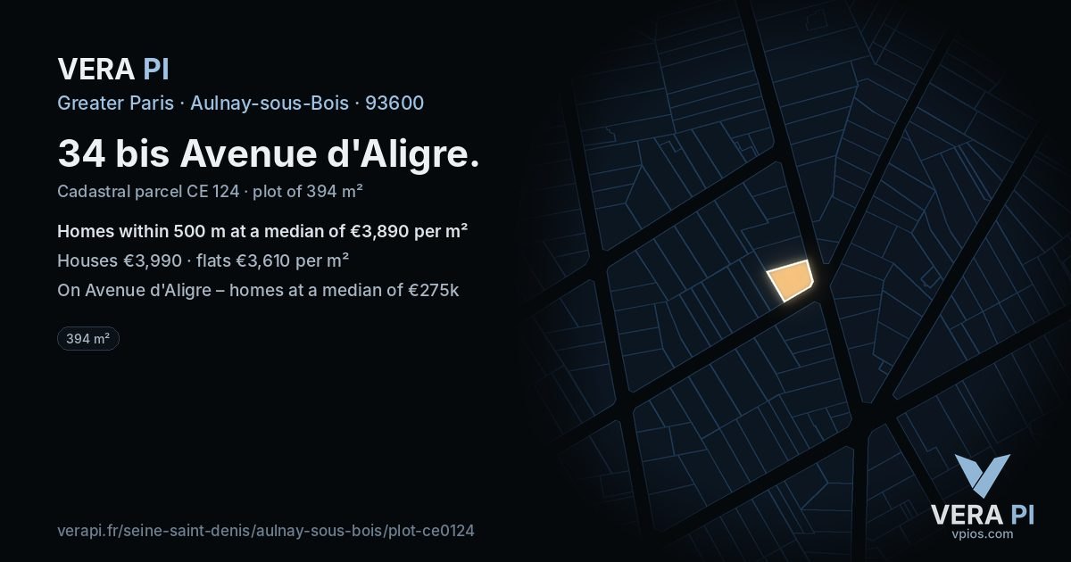 34 bis Avenue d'Aligre, Aulnay-sous-Bois at night – the plot lit, the parcels around coloured by the prices near them