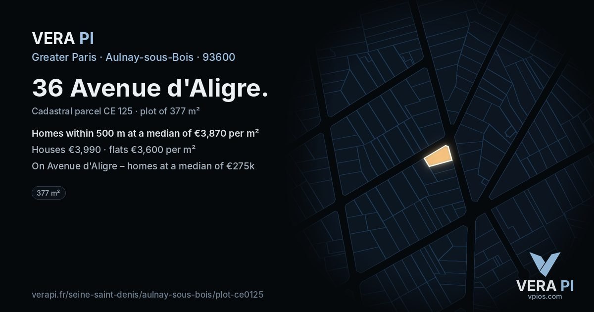 36 Avenue d'Aligre, Aulnay-sous-Bois at night – the plot lit, the parcels around coloured by the prices near them