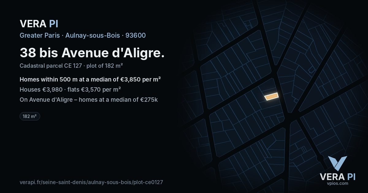 38 bis Avenue d'Aligre, Aulnay-sous-Bois at night – the plot lit, the parcels around coloured by the prices near them