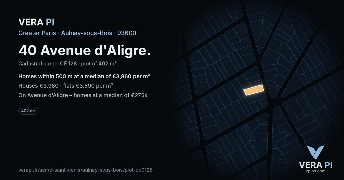 40 Avenue d'Aligre, Aulnay-sous-Bois at night – the plot lit, the parcels around coloured by the prices near them