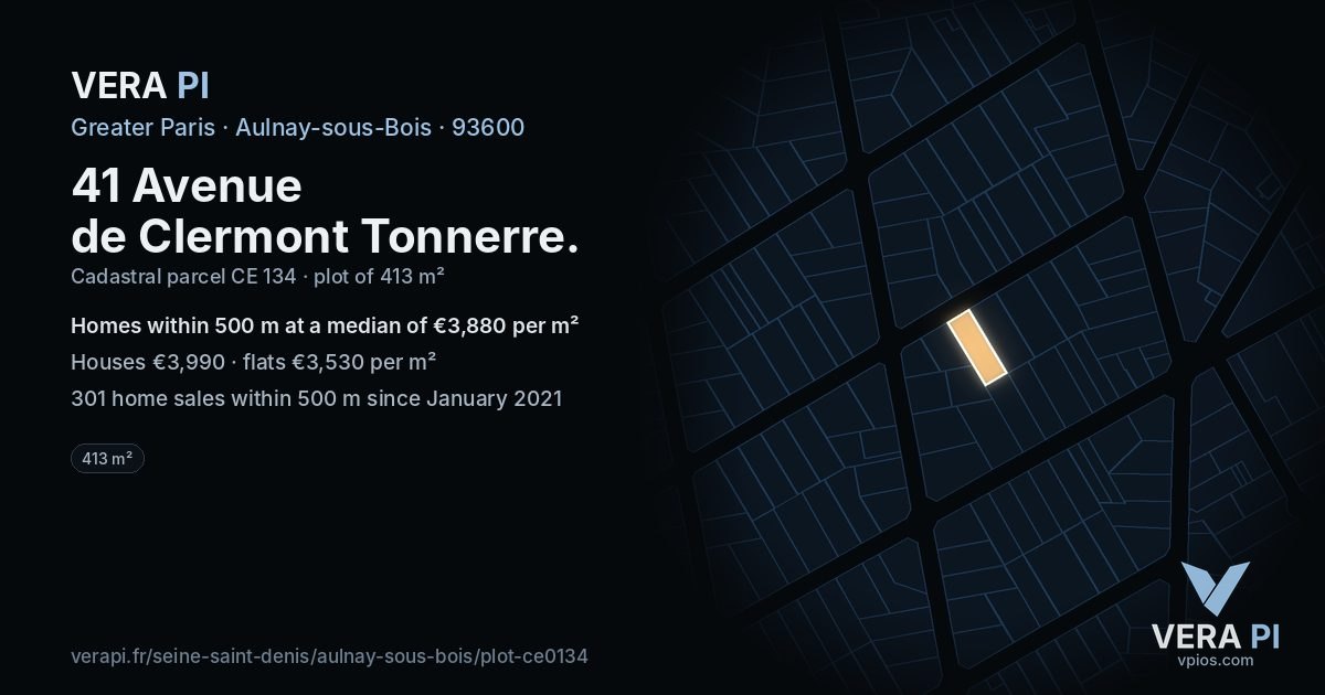 41 Avenue de Clermont Tonnerre, Aulnay-sous-Bois at night – the plot lit, the parcels around coloured by the prices near them