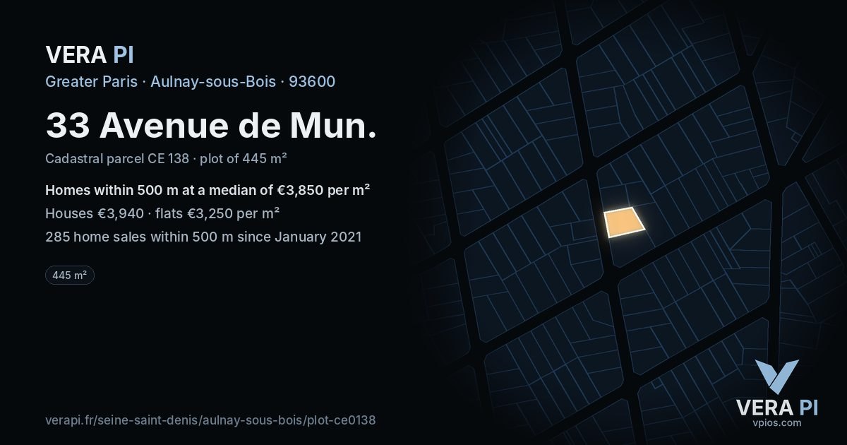 33 Avenue de Mun, Aulnay-sous-Bois at night – the plot lit, the parcels around coloured by the prices near them